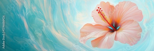 Light pink flower floats on a soft teal blue abstract background.