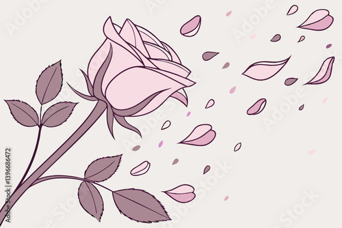 Romantic rose bloom with petal drift in classic silhouette, floral vector for poetic decor, greeting card design, Valentine’s art, or wedding-themed illustrations.