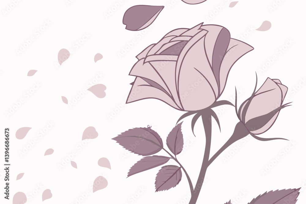 Minimalist vector of a rose flower with scattered petals, vintage silhouette art for love-themed decor, wedding designs, floral tattoos, or romantic Valentine’s Day cards. Minimalist vector of a rose flower with scattered petals, vintage silhouette art for love-themed decor, wedding designs, floral tattoos, or romantic Valentine’s Day cards.