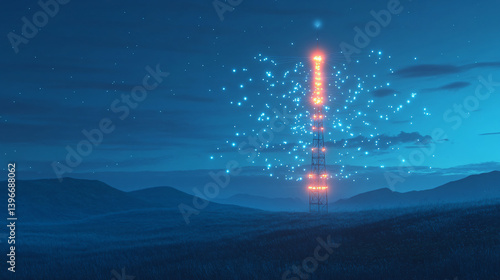 <Starry Night Communication Tower: Glowing Digital Frequencies and Wireless Transmission Technology>