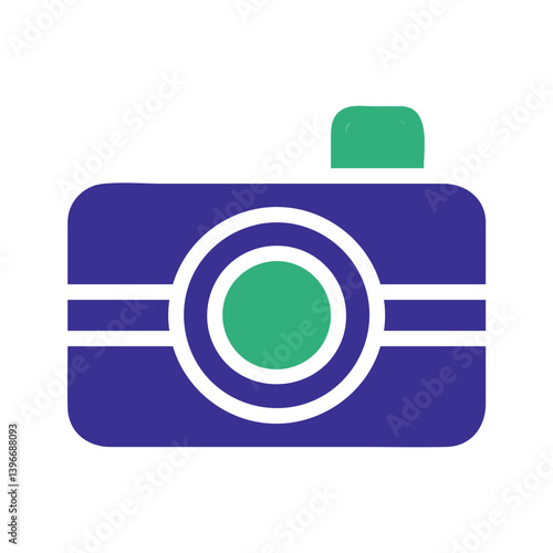 Minimalist camera illustration in purple and green
