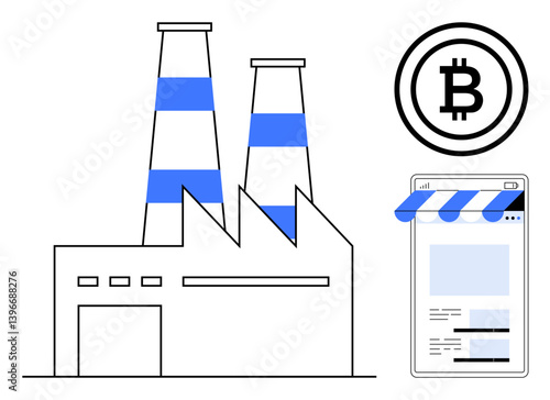 Factory building with chimney stacks, Bitcoin logo, and online storefront. Ideal for cryptocurrency, blockchain, technology, e-commerce, fintech industrial innovation financial growth. Flat simple