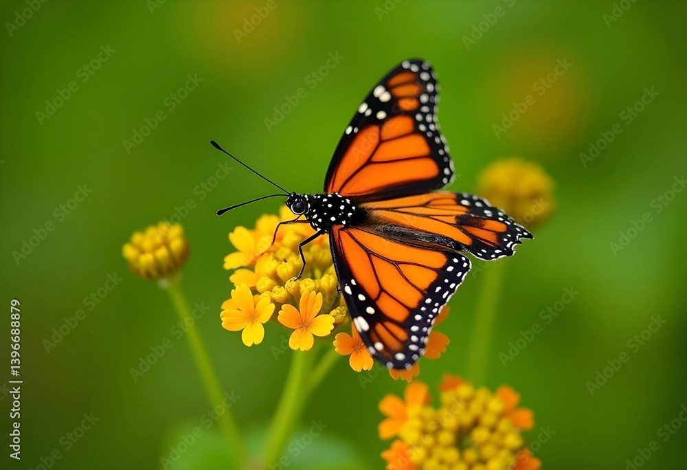 Fototapeta premium Monarch Butterfly Perched On Yellow Flowers In A Vibrant Green Garden Setting