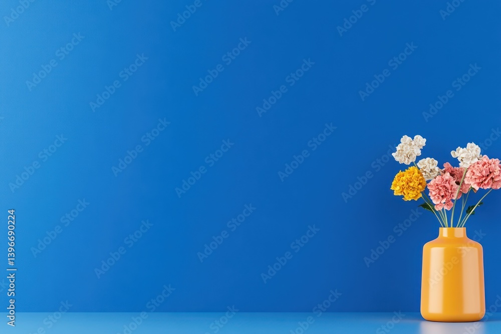Vintage Wooden Table with Colorful Flower Vase Against Blue Wall Background
