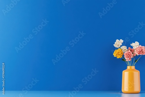 Obraz na płótnie Vintage Wooden Table with Colorful Flower Vase Against Blue Wall Background w salonie