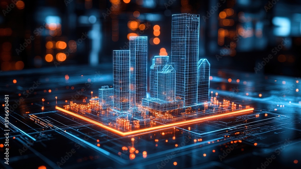 Obraz premium A 3D holographic model of a building being constructed by advanced robots, with glowing data points and architectural blueprints