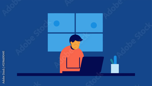 Lonely Worker A of a person sitting at a desk in a small home office surrounded by paperwork and a laptop looking out a window with a wistful expression.