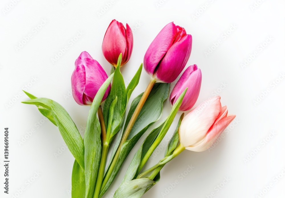 Naklejka premium Vibrant pink and red tulips with lush green leaves on a white background.