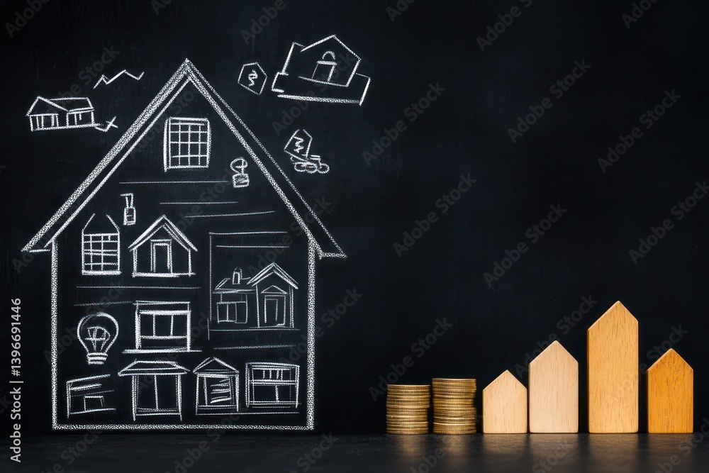 Real Estate Market Bubble Presentation on Chalkboard: Housing Market Issues, Subprime Mortgage Crisis, Mortgage Loans. Ample Copy Space.