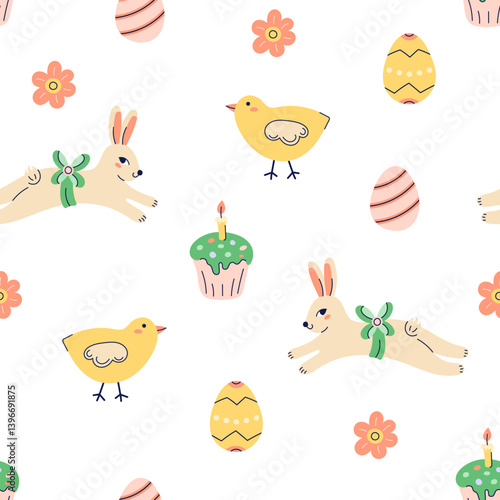 Happy Easter seamless pattern with rabbit, chick and painted eggs on white background. Happy Easter hand drawn card. Flat illustration with partial outline. Vector illustration.
