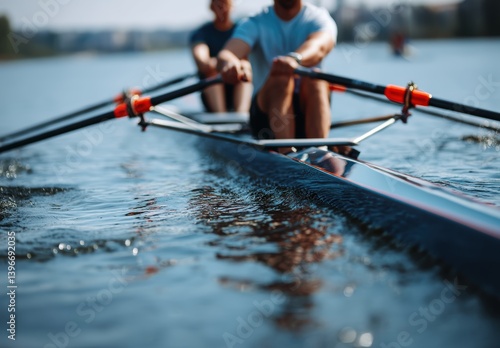 Two men rowing together on a calm lake, showcasing teamwork and coordination.