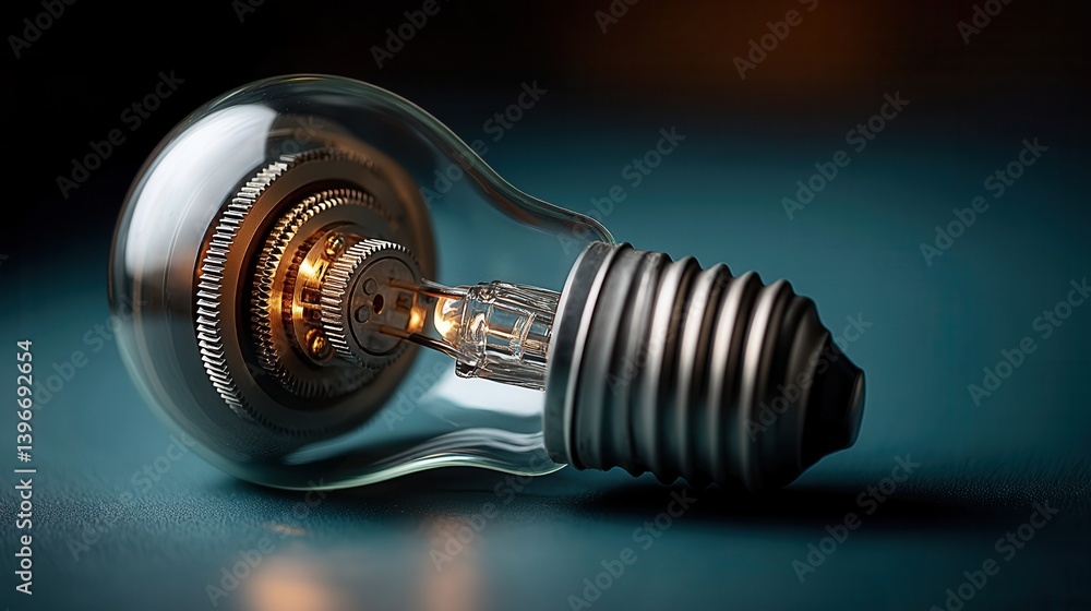 Creative illuminated light bulb with intricate inner mechanism on dark surface