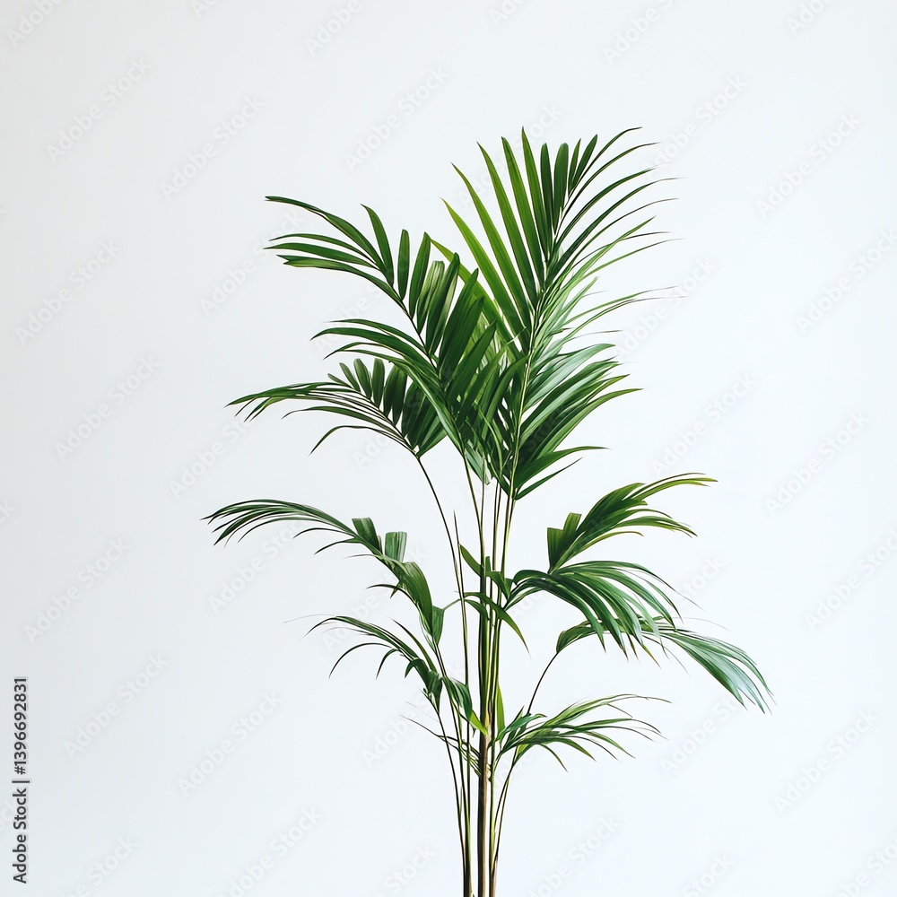 Kentia Palm Growing Indoors Against Clean White Backdrop Provides Tropical Vibe Kentia Palm Growing Indoors Against Clean White Backdrop Provides Tropical Vibe