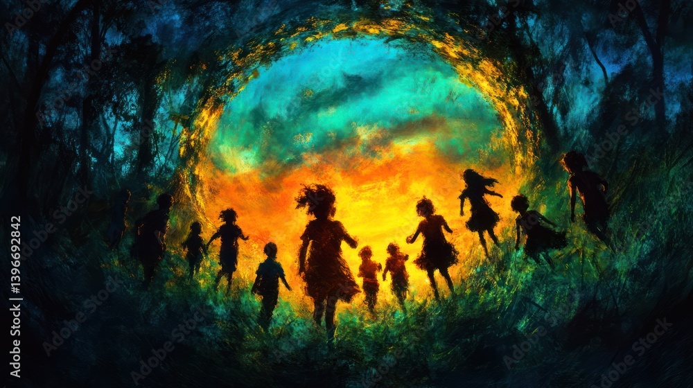 Into the Unknown: A Group of Adventurers Embracing Exploration and Discovery in a Vibrant and Energetic Setting, Inspiring Viewers to Seek New Horizons