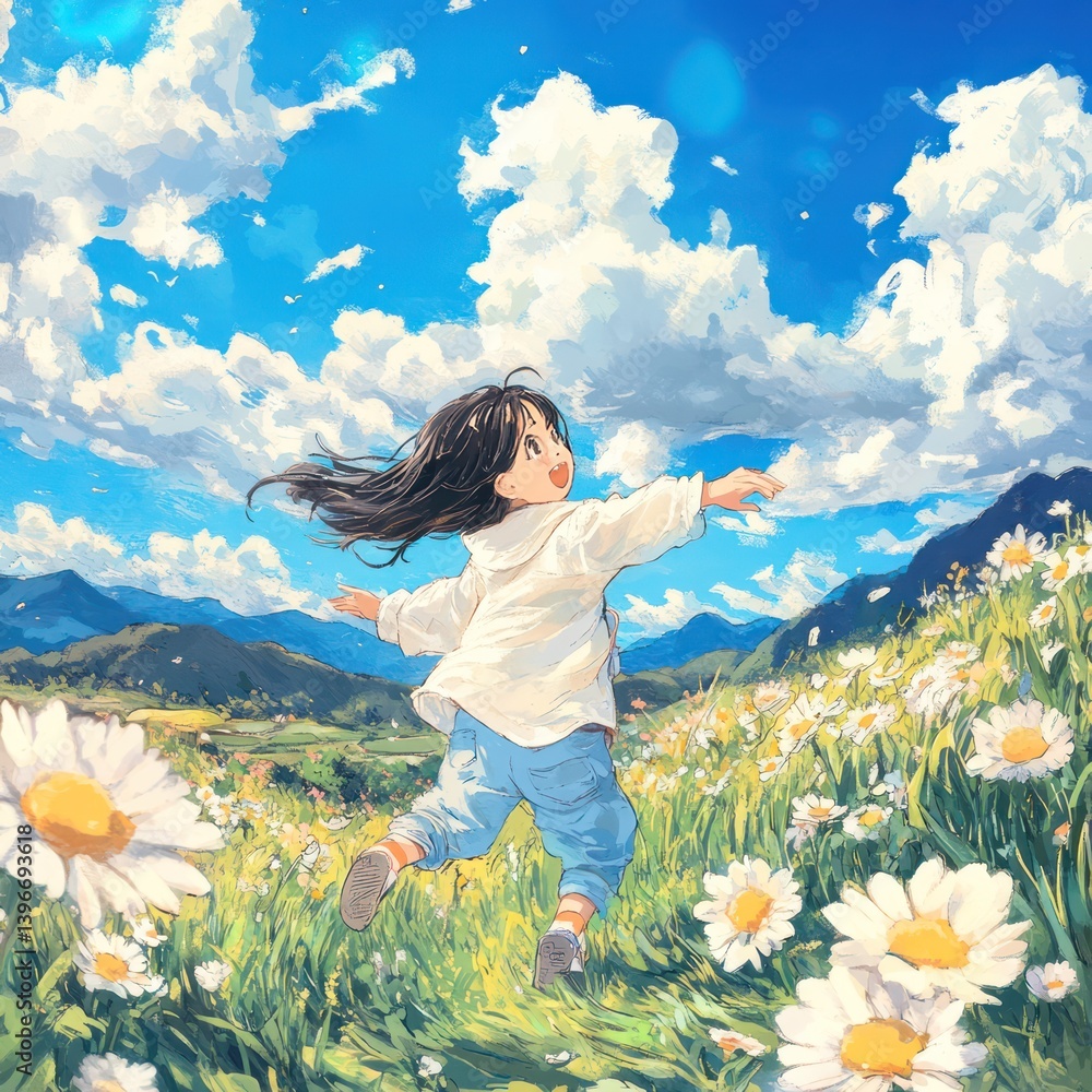 Joyful Young Girl Playing in Lush Green Meadow under Bright Sunny Sky, Evoking Freedom and Carefree Spirit with Soft Warm Tones, Perfect for Children's Book or Nature Magazine Cover