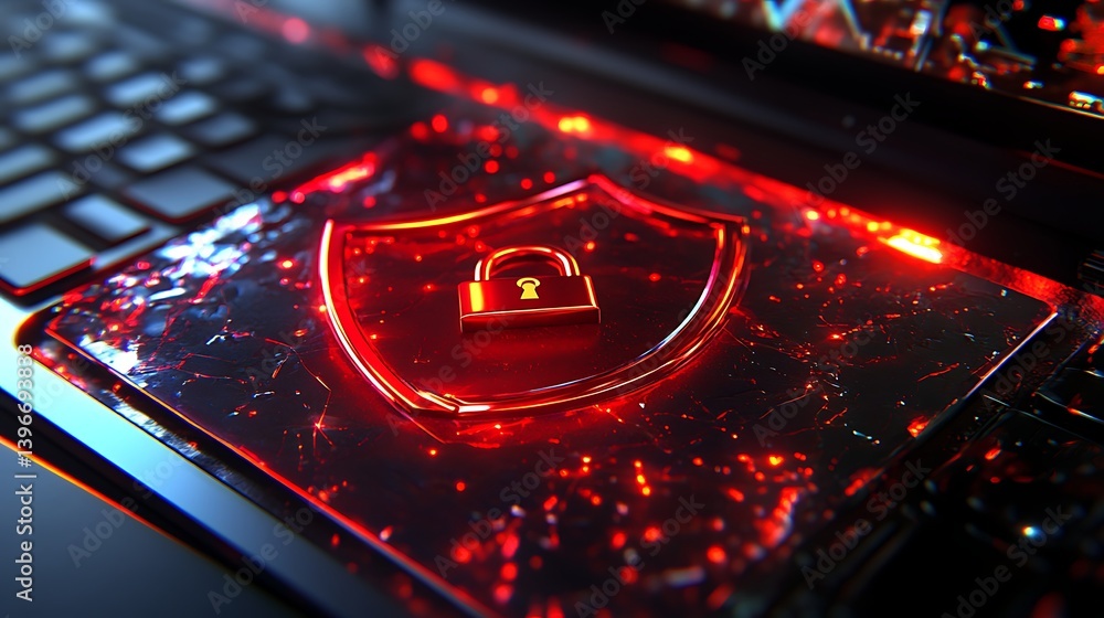 Obraz premium Digital security concept featuring a glowing shield and padlock on a laptop keyboard, symbolizing protection