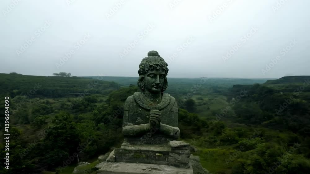 A large Buddha statue amidst lush greenery and hills under a cloudy sky. A large Buddha statue amidst lush greenery and hills under a cloudy sky.
