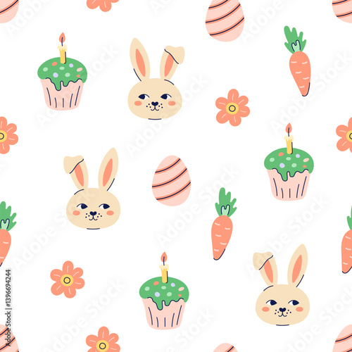 Happy Easter seamless pattern with rabbit and carrot on white background. Happy Easter hand drawn card. Flat illustration with partial outline. Vector illustration.