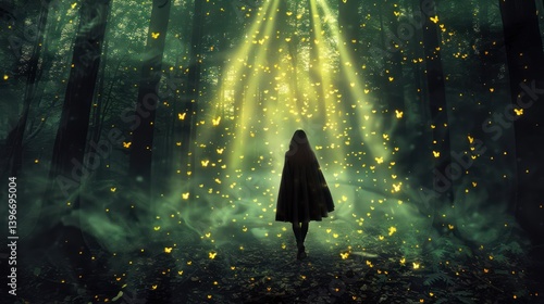 Obraz na płótnie Enchanted forest exploration with mystical atmosphere, person in awe of nature, magical elements like glowing flower or hidden creature, sense of adventure and discovery in deep woods. w salonie