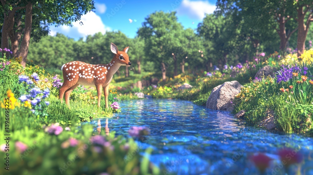 Tranquil Forest Glen with Clear Stream, Deer Grazing, and Birds Singing - Peaceful Nature Scene with Dappled Sunlight and Fresh Air - Serene Escape from Daily Life