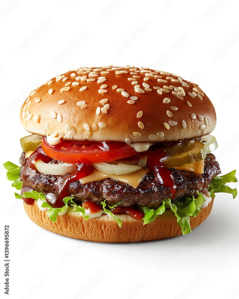 Delicious Classic Hamburger with Beef Patty, Cheese, and Fresh Vegetables Delicious Classic Hamburger with Beef Patty, Cheese, and Fresh Vegetables