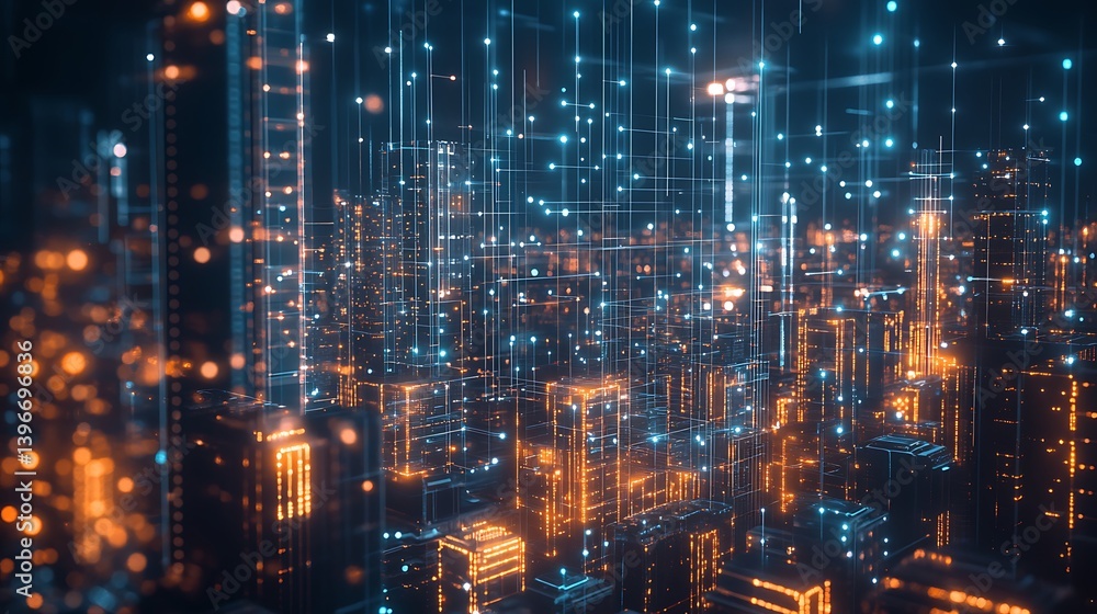 Futuristic city skyline illuminated by vibrant lights and digital data streams at night Futuristic city skyline illuminated by vibrant lights and digital data streams at night