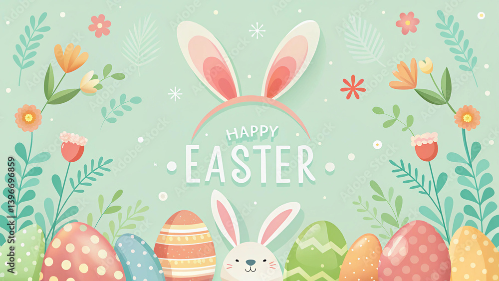 HAPPY EASTER text with bunny ears, a rabbit face, and pastel-colored eggs on a light teal background.
HAPPY EASTER text with bunny ears, a rabbit face, and pastel-colored eggs on a light teal background.
