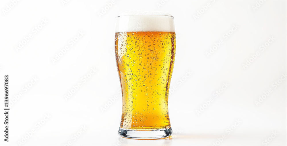 Glass of golden beer with visible bubbles and foam head, realistic photographic style, on a white background. Concept of refreshing drink. Ai generative
