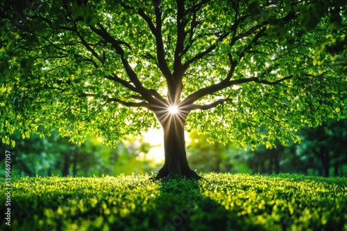 Enchanted Forest: A Majestic Tree of Growth and Abundance Standing Tall in a Lush Landscape, Rooted in Stability and Harmony, with a Subtle Human Element Gazing in Awe at the Natural Beauty