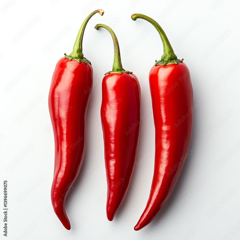 Three Fresh Red Chili Peppers on a White Background for Cooking Three Fresh Red Chili Peppers on a White Background for Cooking