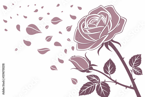 vintage rose, petals flying, romantic flower silhouette, vector art, elegant invitations, minimalist tattoo design, floral wall decor, poetic botanical art, rose vector, floral illustration, romantic 