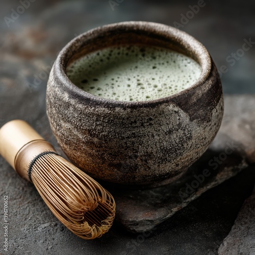 Discovering the rich flavors of matcha tea in a rustic ceramic cup with a bamboo whisk