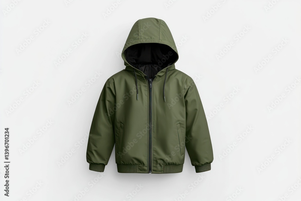 Green Emerald Children's Winter Autumn Hooded Jacket Isolated on Gray Background - Waterproof Warm Down Jacket for Child, Cutout Clothing Mockup Fashion Style Outerwear