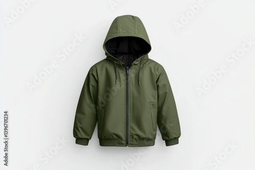 Obraz na płótnie Green Emerald Children's Winter Autumn Hooded Jacket Isolated on Gray Background - Waterproof Warm Down Jacket for Child, Cutout Clothing Mockup Fashion Style Outerwear w salonie