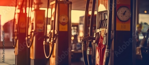 Vintage Gas Station Pumps with Soft Sunset Lighting and Warm Tones