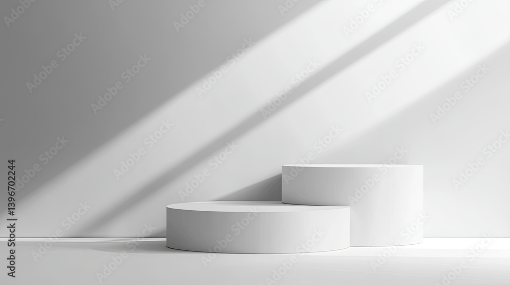 Two White Cylindrical Platforms in a Bright White Studio with Subtle Sunlight Shadows Two White Cylindrical Platforms in a Bright White Studio with Subtle Sunlight Shadows