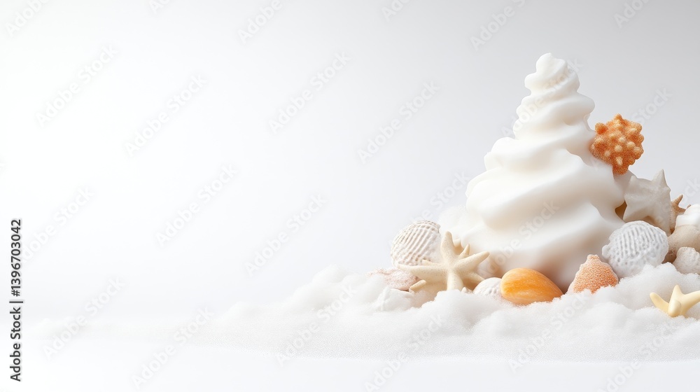 A soft serve ice cream cone with a starfish decoration on top, surrounded by seashells on a sandy beach, and summer vacation concept. A soft serve ice cream cone with a starfish decoration on top, surrounded by seashells on a sandy beach, and summer vacation concept.