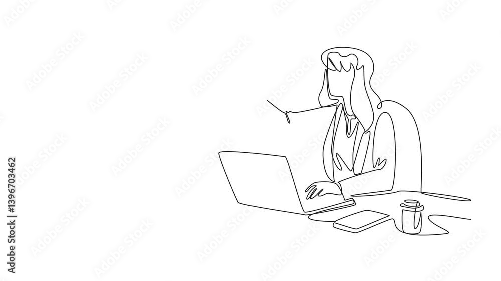 Self drawing animation of continuous line drawing businesswoman sitting at desk typing on laptop. Reply to emails received from clients. Formal language. Tech. National Email Day. Full length animated Self drawing animation of continuous line drawing businesswoman sitting at desk typing on laptop. Reply to emails received from clients. Formal language. Tech. National Email Day. Full length animated