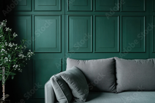 Obraz na płótnie A living room with a gray sofa, deep green paneled accent wall background and decoration w salonie
