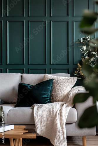 A living room with a gray sofa, deep green paneled accent wall background and decoration