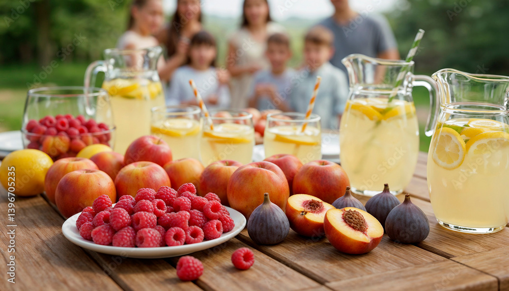 Refreshing lemonade and fruits on a table with family background Refreshing lemonade and fruits on a table with family background