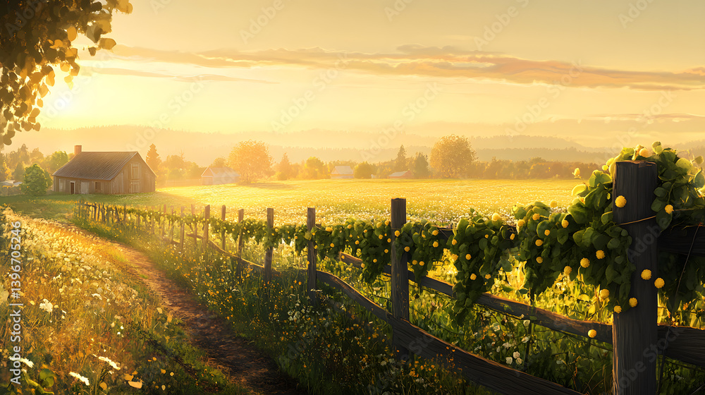 Naklejka premium landscape, sky, nature, grass, field, countryside, summer, green, sunset, meadow, mountain, rural, tree, view, country, hill, valley, autumn, forest, road, agriculture, panorama, clouds, farm, cloud