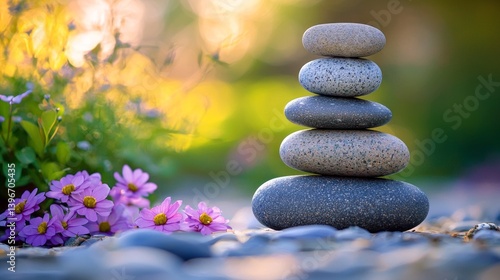 A stack of rocks is placed on a rock surface next to a flower bed