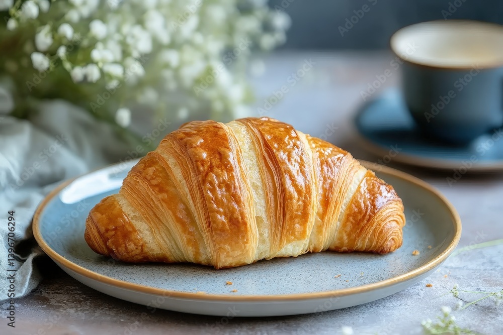 A Flaky Croissant Displayed Elegantly on a Blue Ceramic Plate A Flaky Croissant Displayed Elegantly on a Blue Ceramic Plate