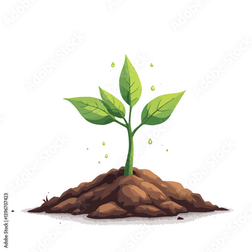 Vsai small plant growing from dirt with falling water drops