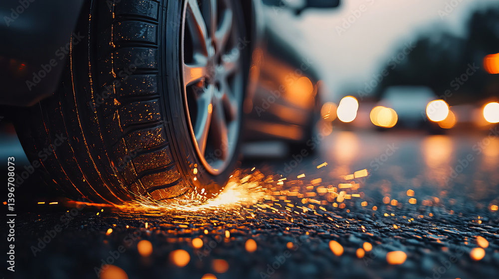 Car Tire Producing Sparks on Dark Road During Twilight with Blurred Traffic in Background