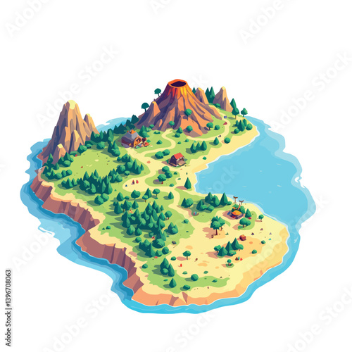 Vsai tropical island with volcano, forest, and houses surrounded by ocean in isometric view