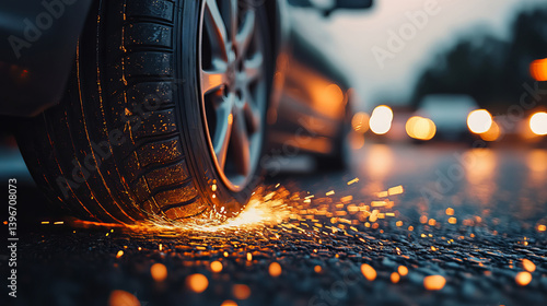 Obraz na płótnie Car Tire Producing Sparks on Dark Road During Twilight with Blurred Traffic in Background w salonie