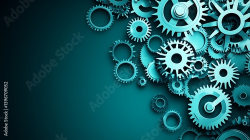 Abstract composition of teal gears and cogs arranged artistically on a dark background, symbolizing machinery