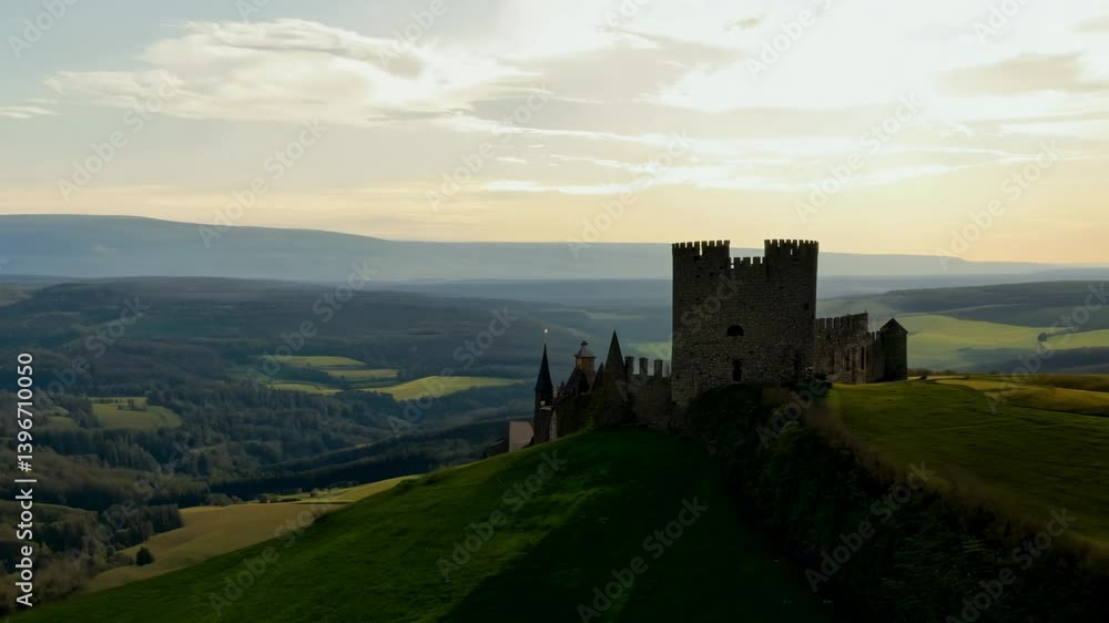 A scenic view of a medieval castle on a hill, surrounded by lush green landscapes at sunset. A scenic view of a medieval castle on a hill, surrounded by lush green landscapes at sunset.